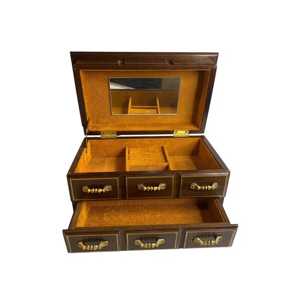 Vintage Refreshed Wood Goldtone Musical Jewelry Box Mirror - Picture 2 of 10